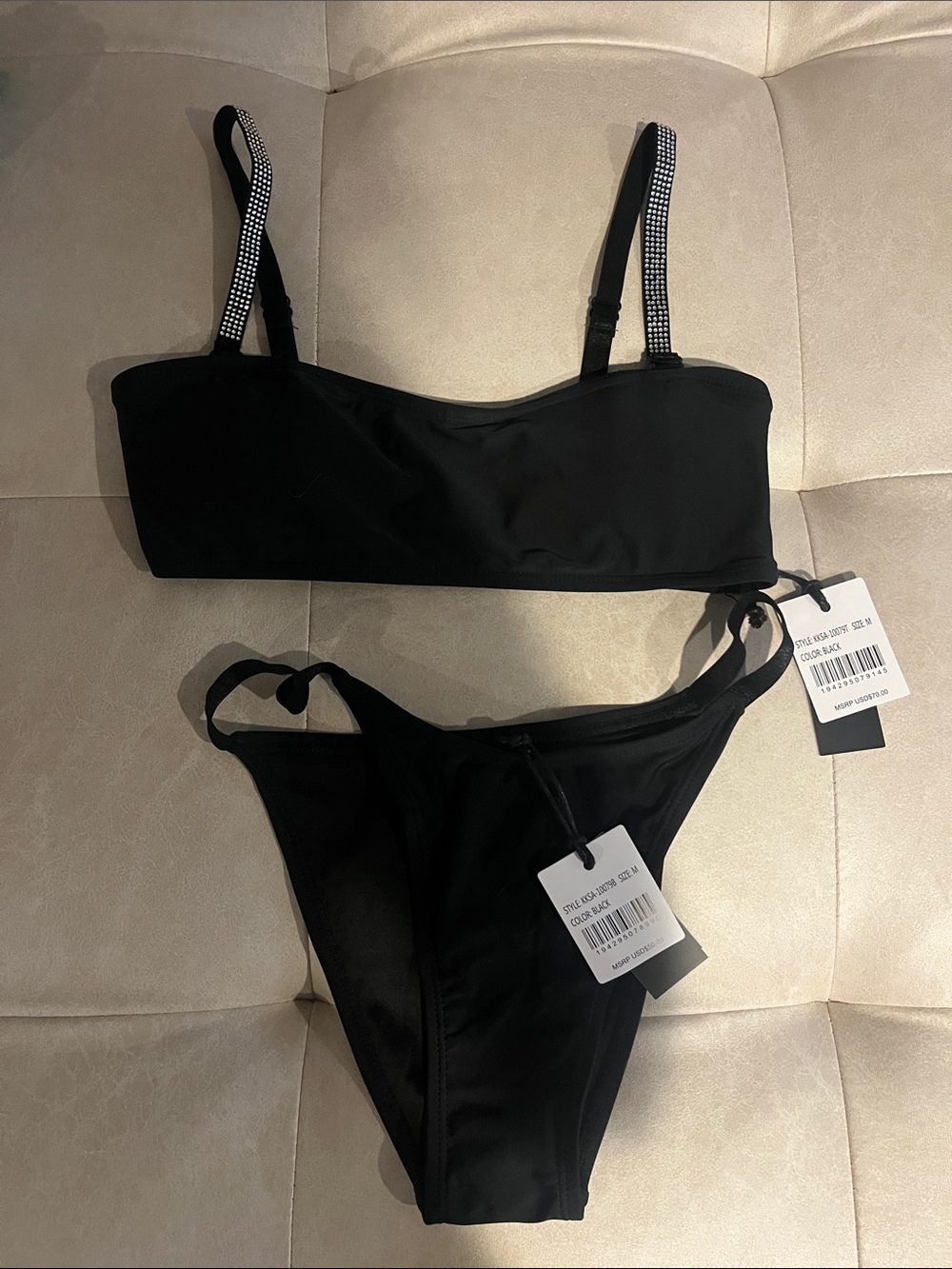 Kendall & Kylie Black Bandeau Bikini with Rhinestone Straps